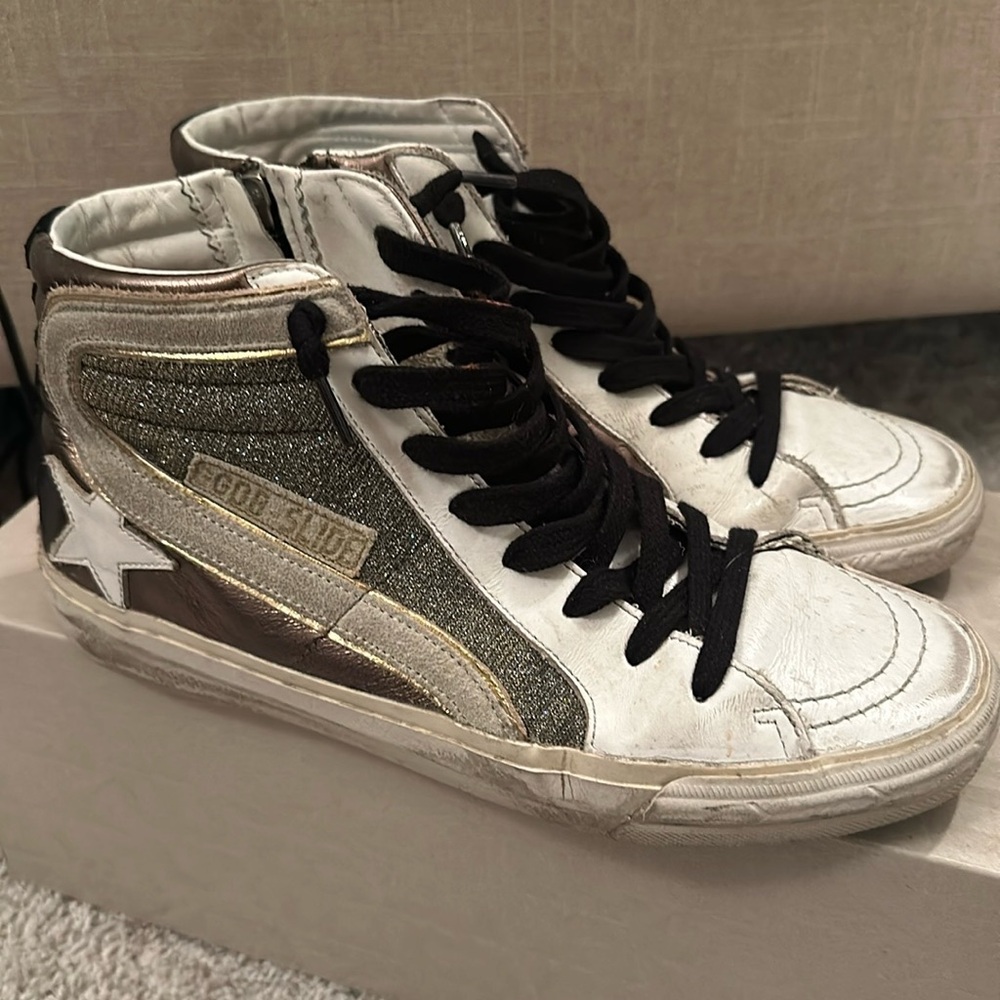 Golden Goose slide double quarter White and Silver High-Tops with Black Laces 37
